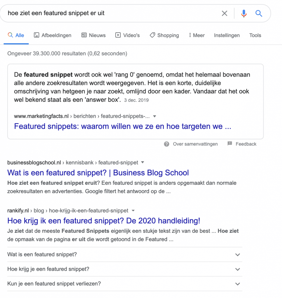 featured snippet bovenaan in google